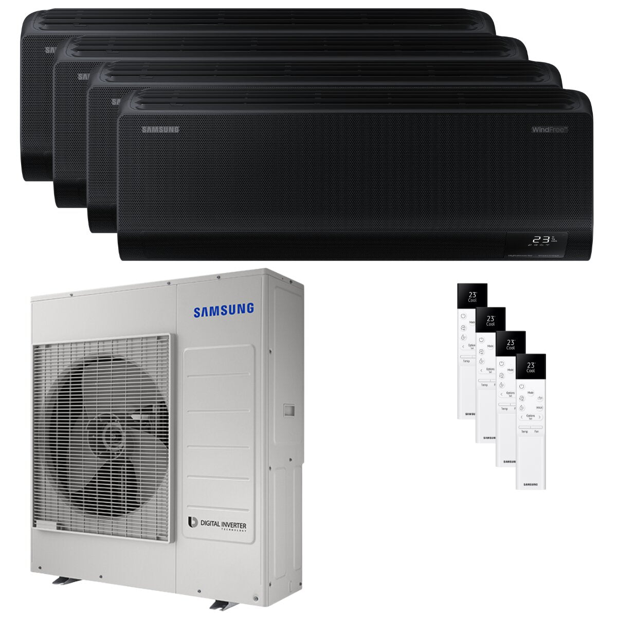 Climatiseur Samsung Windfree Black quadri split 9000+12000+12000+12000 BTU onduleur A++ wifi unité extérieure 10 kW 