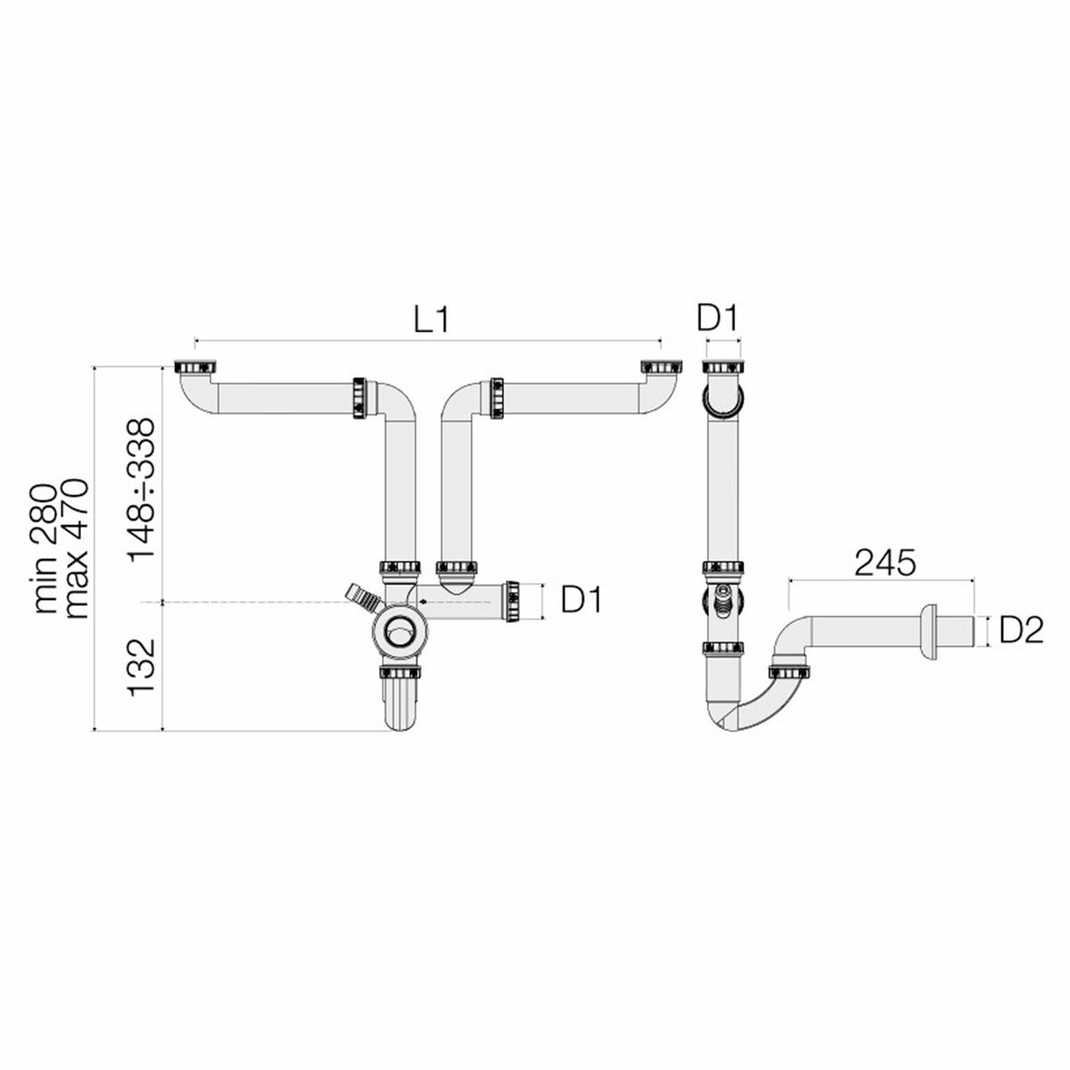 Valsir space-saving self-cleaning siphon for double sink