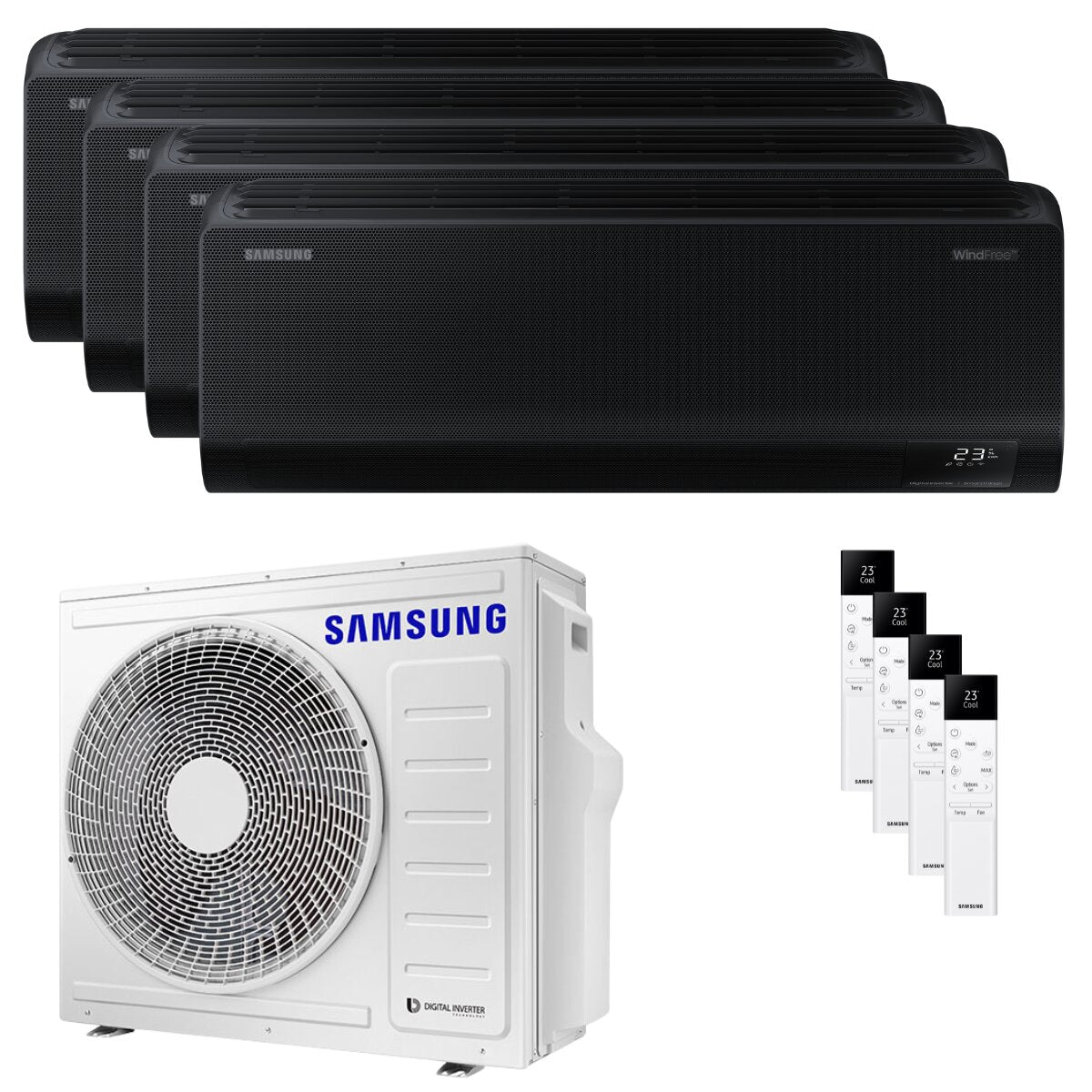 Climatiseur Samsung Windfree Black quadri split 7000+7000+7000+9000 BTU onduleur A++ wifi unité extérieure 8 kW 
