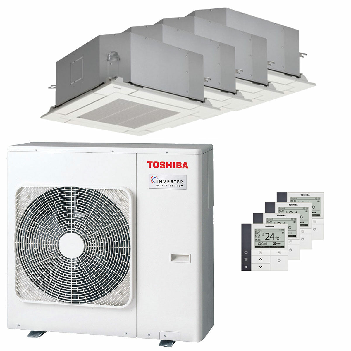 Climatiseur Toshiba Cassette compacte U2 4 voies quadri split 9000+9000+9000+9000 BTU inverseur A++ unité extérieure 8 kW 