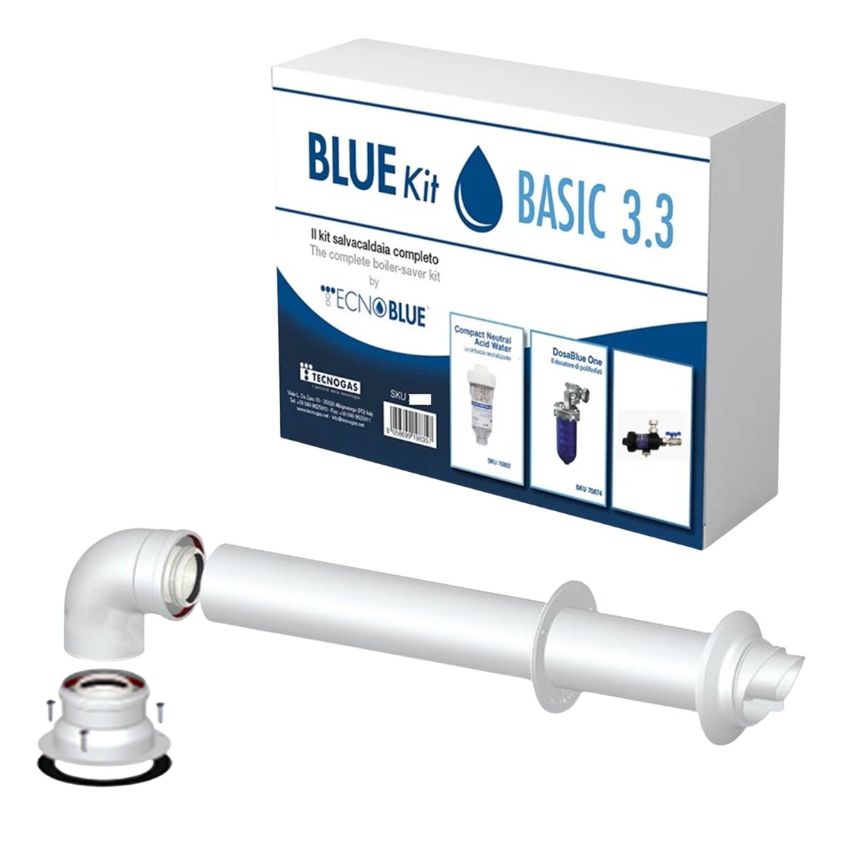 Kit d'installation de chaudière Bosch avec conduit coaxial, séparateur de boues, distributeur de polyphosphate et cartouche neutralisante