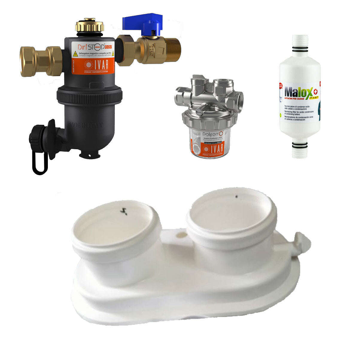 Boiler installation kit with dirt separator - polyphosphate dispenser - condensate neutralizer - universal split fume exhaust